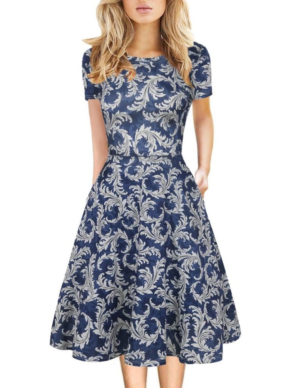 Elegant Floral Print A-Line Swing Dress with Pockets - Vintage Summer Office